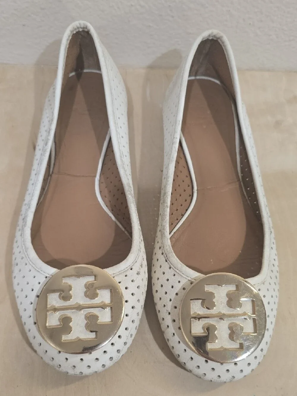 Tory Burch White Perforated Leather Logo Medallion Flats